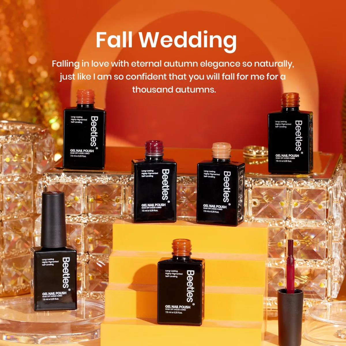 Beetles Fall Wedding advertisement with five gel polish bottles labelled highly pigmented self levelling