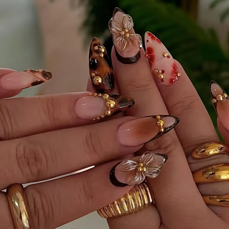 Brown Gold Flower Press Ons & Chic Salon Manicures