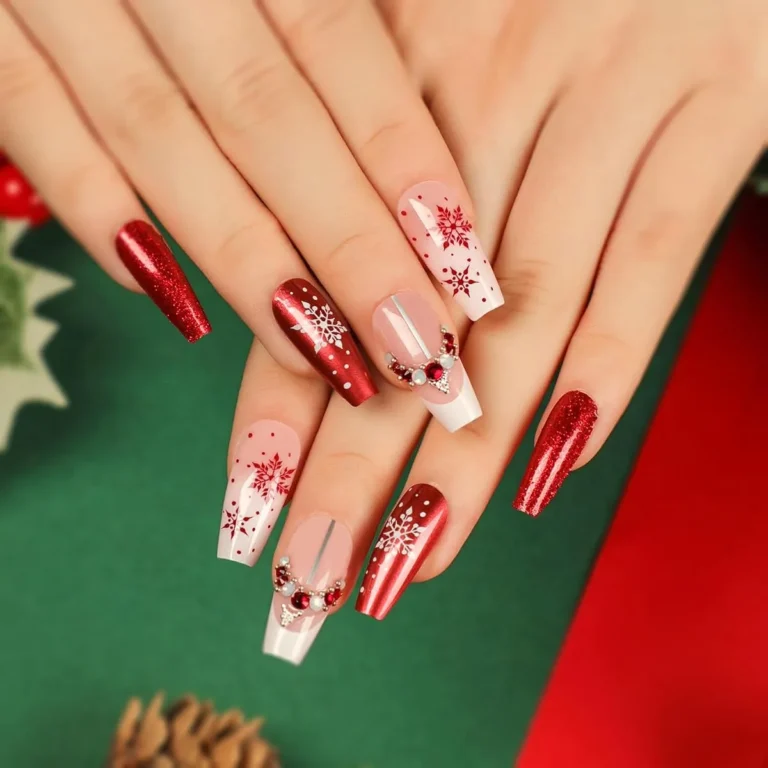 Snowflake Pearl Red Holiday Fake Nails for Winter Magic
