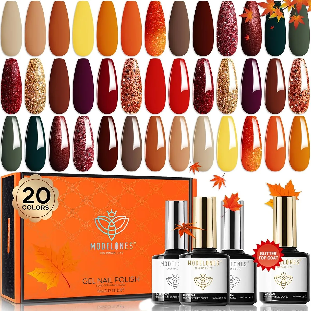 Modelones 20 colour fall gel polish set with 36 almond swatch tips and gold cap bottles