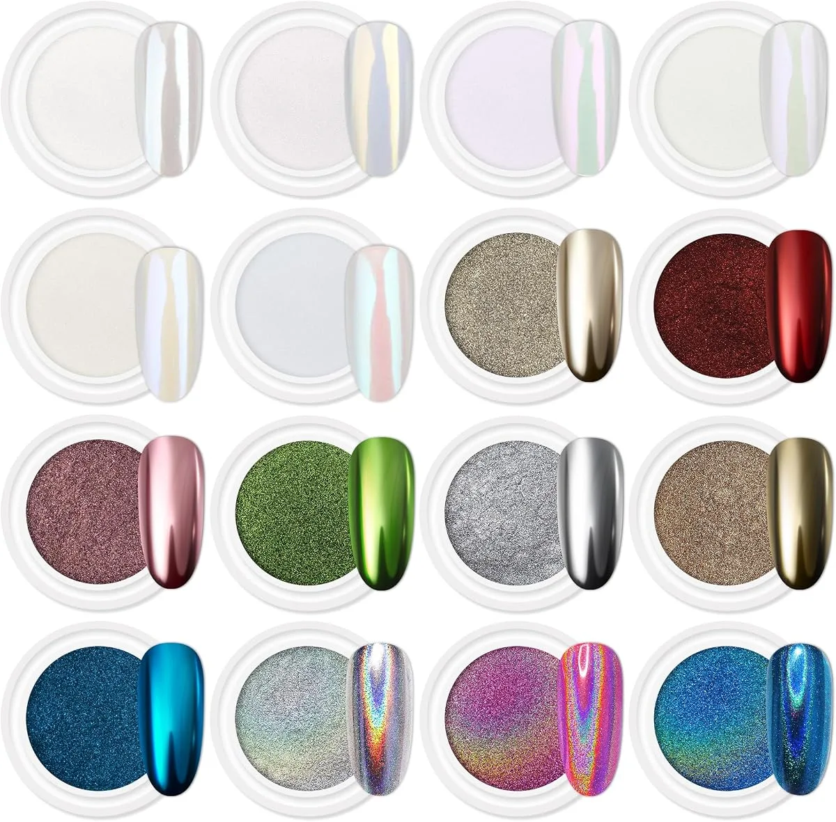 Chrome autumn gel nails powder set with sixteen open pots and matching chrome tips