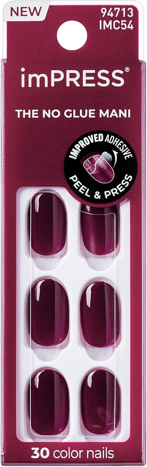 imPRESS no glue press-on nails package in deep burgundy with peel and press adhesive