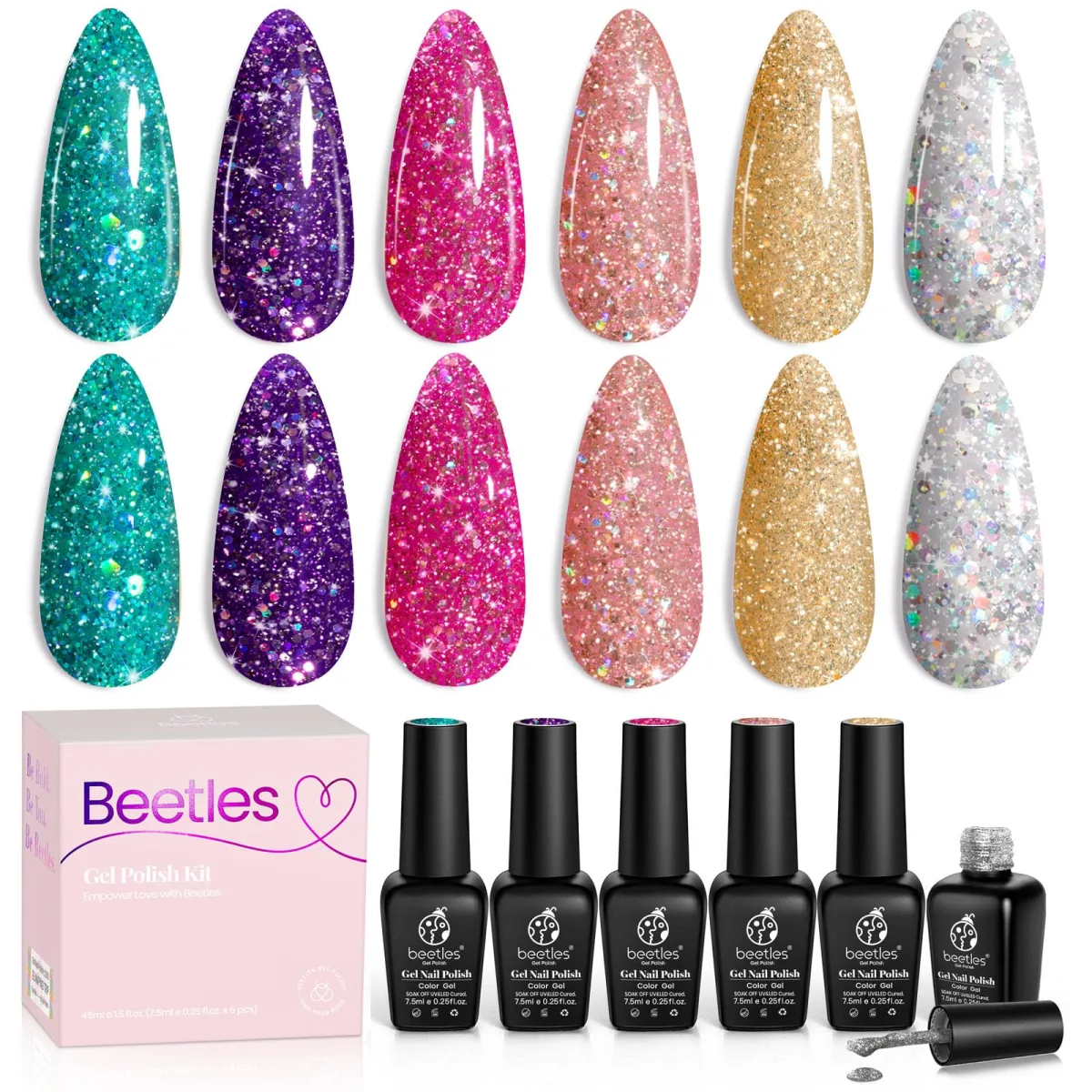 Beetles glitter gel polish kit ad with six glitter shade swatch tips and six black gel bottles