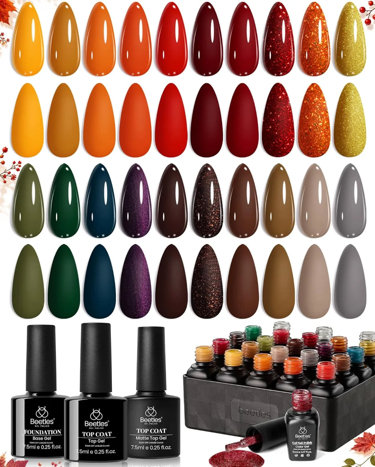 Beetles gel polish shade library with forty swatch tips, glossy and matte rows, plus base and top coat bottles