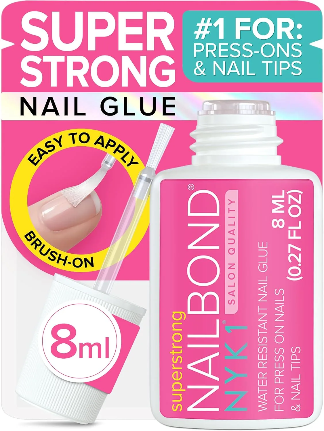 NYK1 Nail Bond super strong nail glue, 8 ml bottle with brush on applicator, product graphic