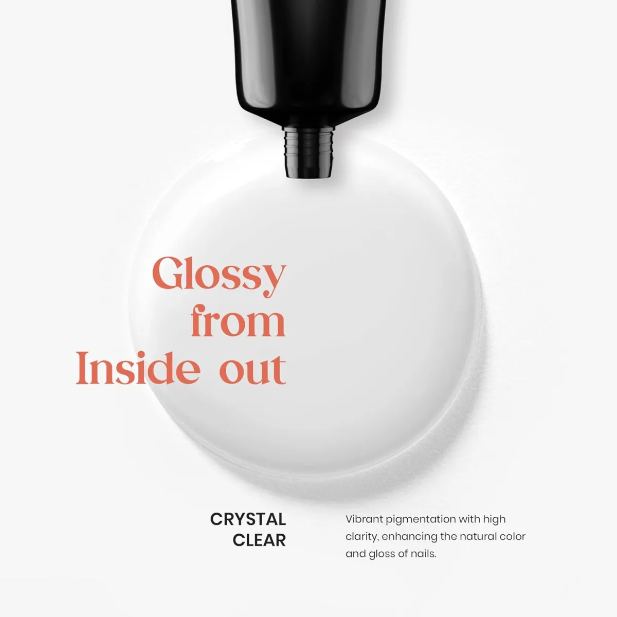 Advertisement swatch of a milky white clear gel dollop under a tube nozzle with the words Crystal Clear