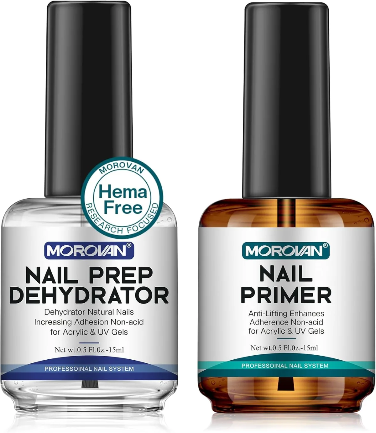 Morovan nail prep dehydrator and nail primer bottles for gel extensions