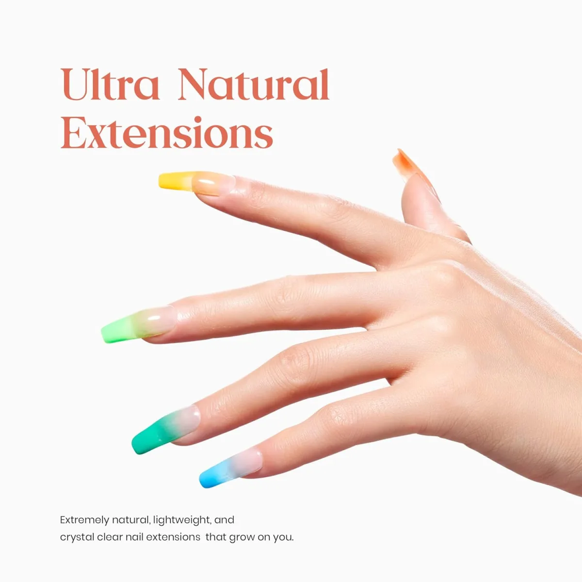 Clear nail extension ideas shown as long square clear extensions with a different bright ombre tip colour on each nail