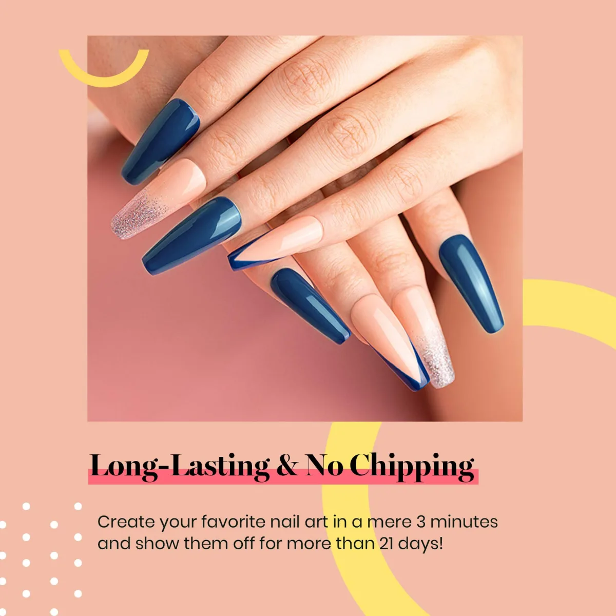 Blue and Nude Gel Nails on long coffin nails in navy blue and pale nude with silver glitter ombre accents