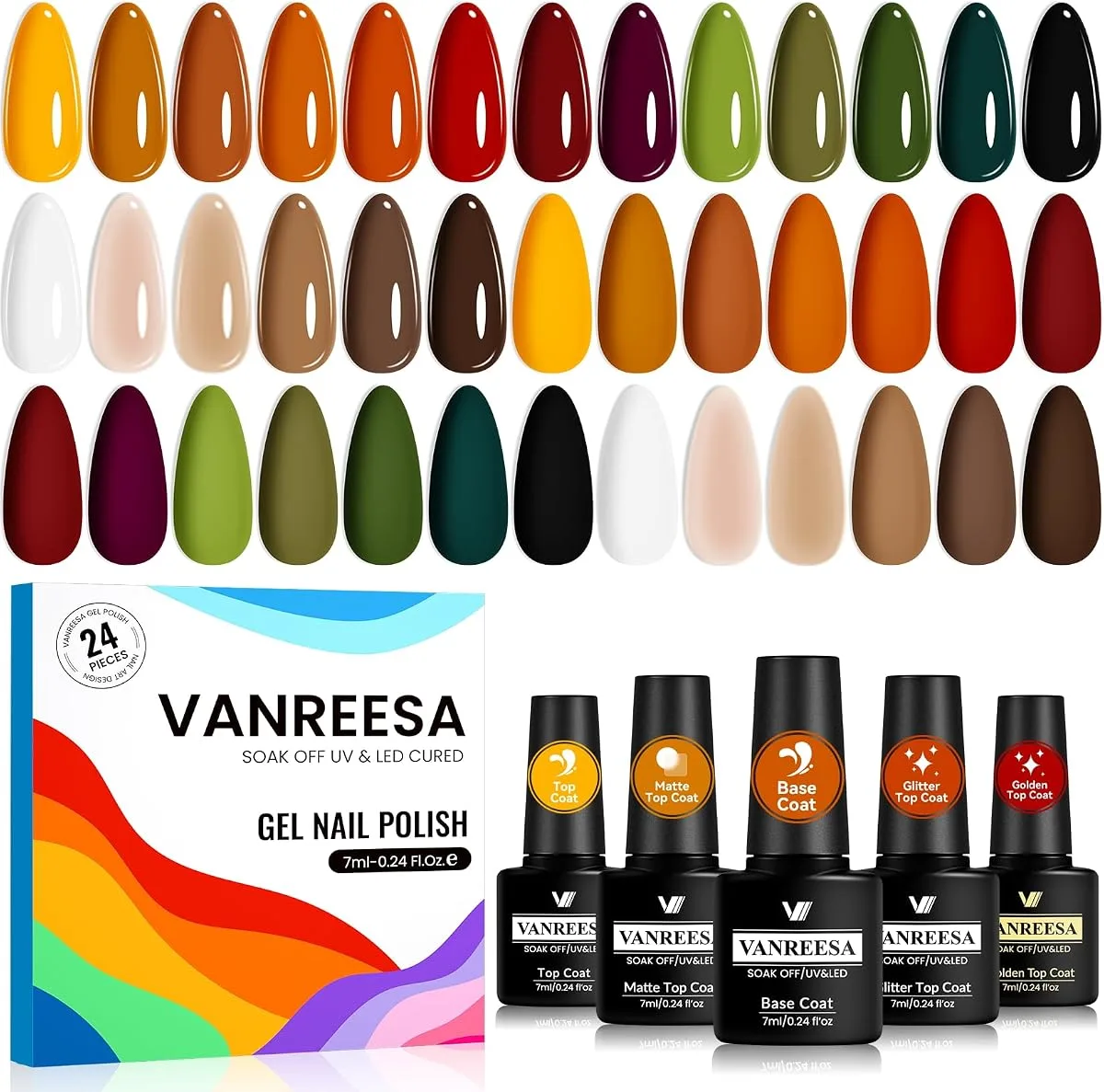 Vanreesa gel kit box with five black base and top coat bottles and glossy almond swatch tips