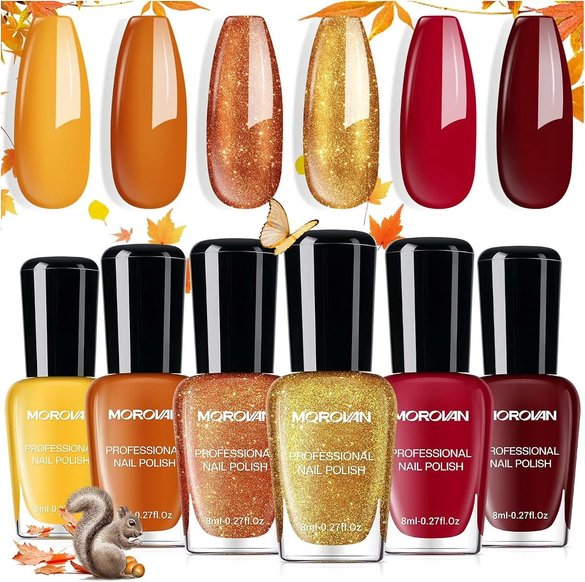 Morovan 6 bottle autumn regular polish set with mustard terracotta glitter red burgundy swatch tips