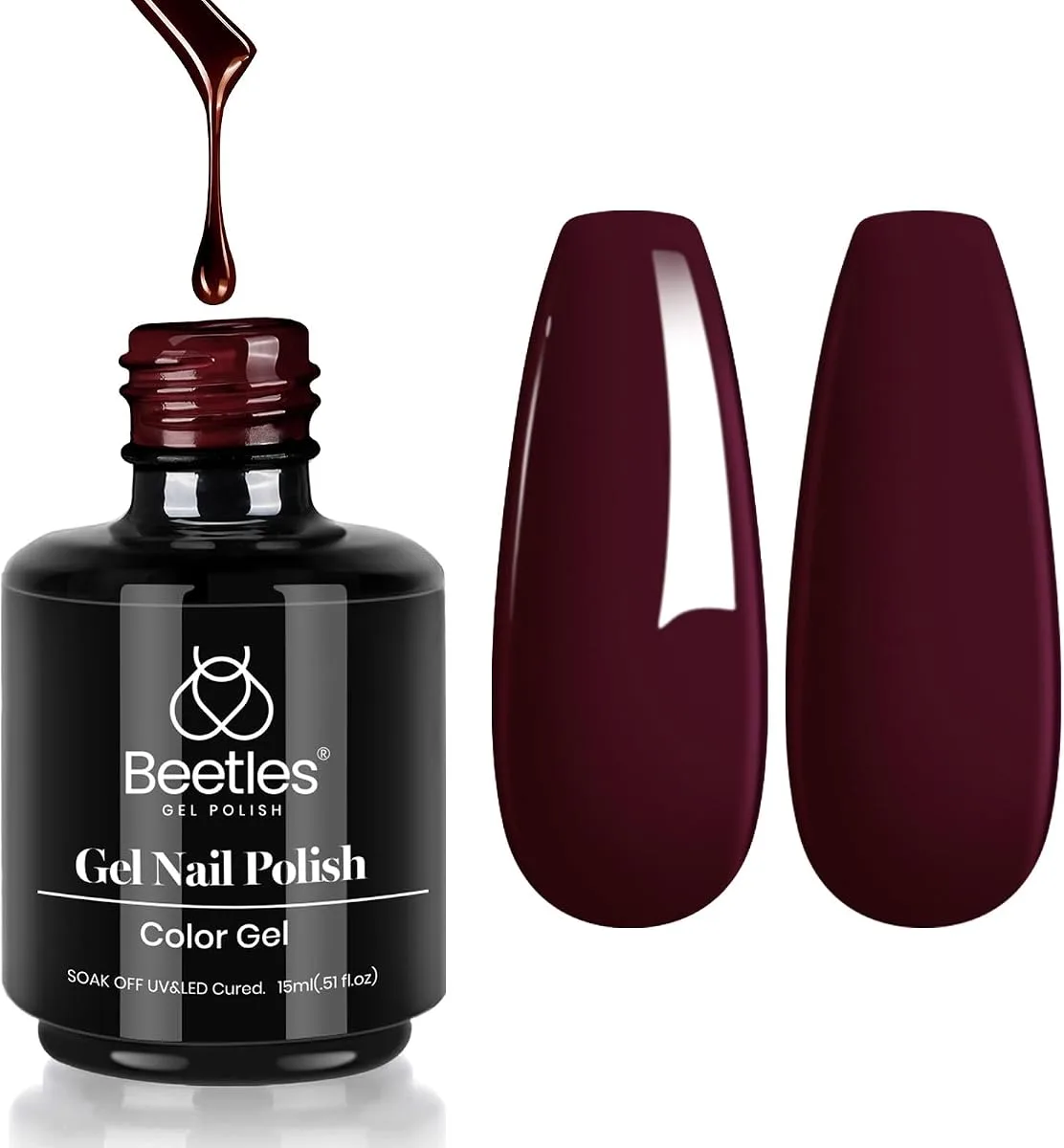 Beetles deep burgundy plum gel single bottle with drip and glossy swatch tips