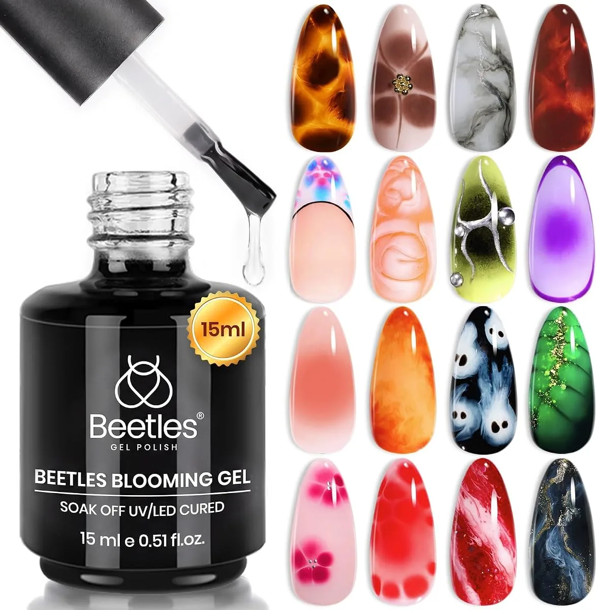 Beetles Blooming Gel bottle beside sixteen blooming art almond tips