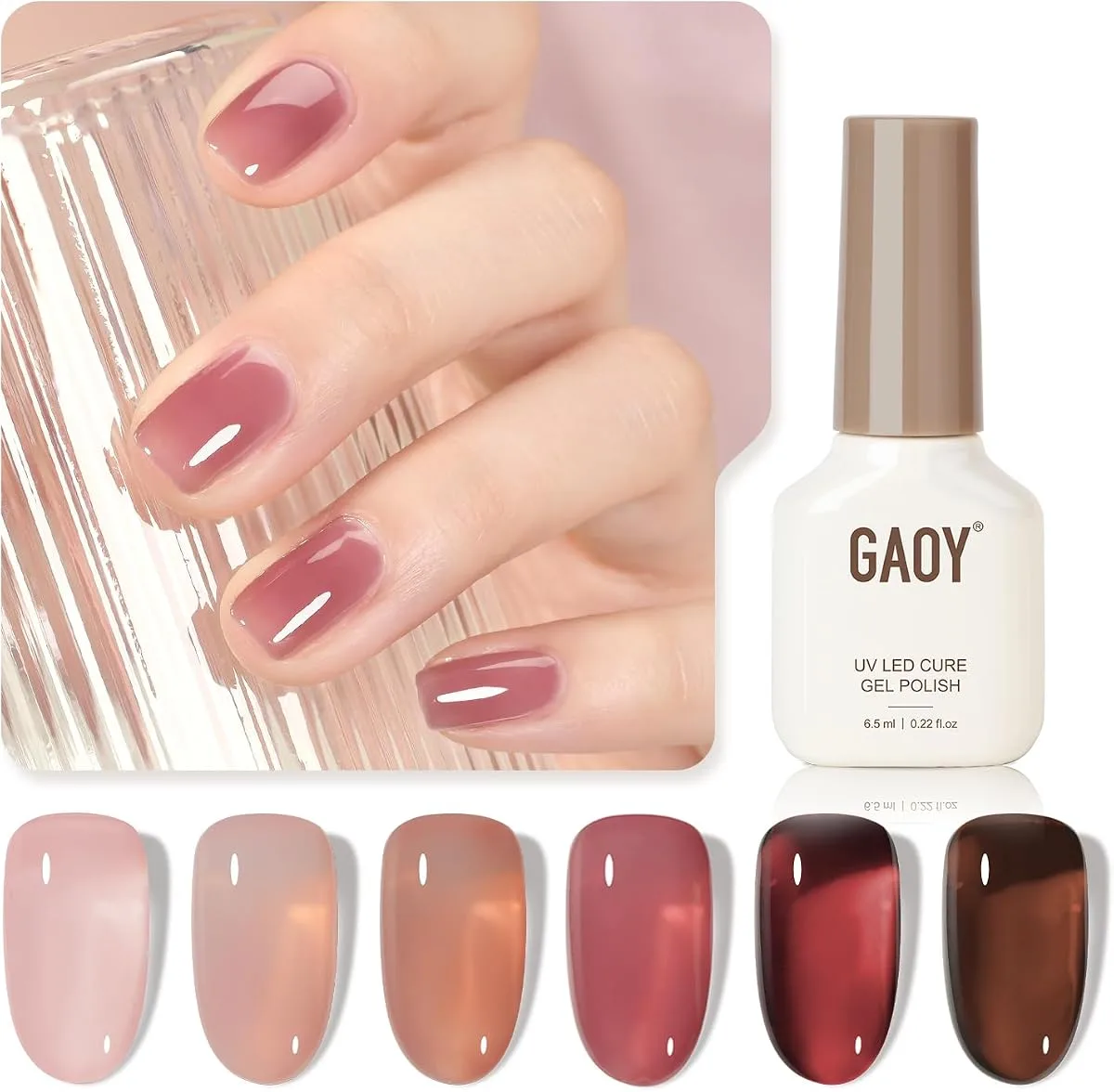 GAOY jelly gel bottle beside a hand with sheer mauve pink nails and six jelly tips