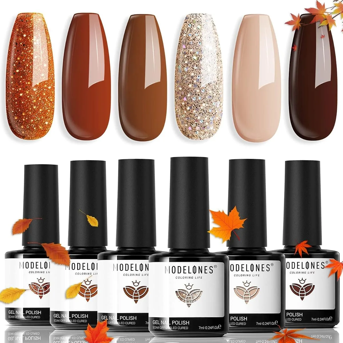 Modelones six bottle autumn gel set with copper glitter, brown and nude tips