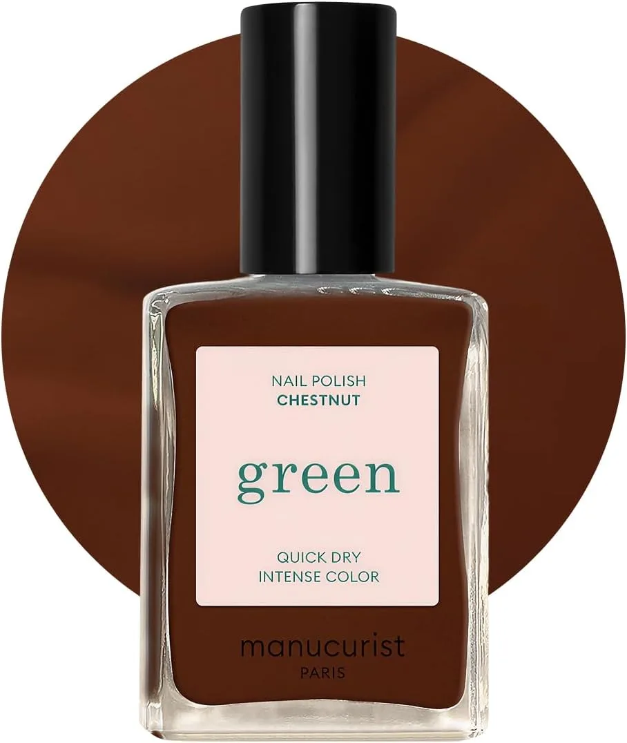 Manucurist Paris green nail polish bottle in deep chocolate brown shade Chestnut