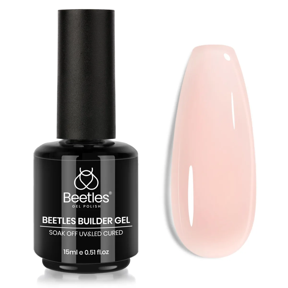 Beetles builder gel for nails bottle beside a pale pink translucent nail tip in cover nude shade