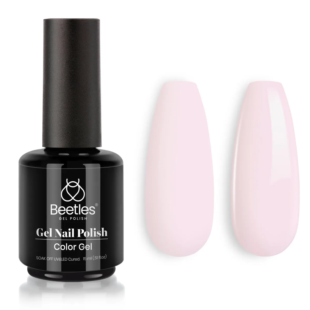 Beetles Barely Pink colour gel bottle beside pink almond swatch sticks in matte and glossy finish
