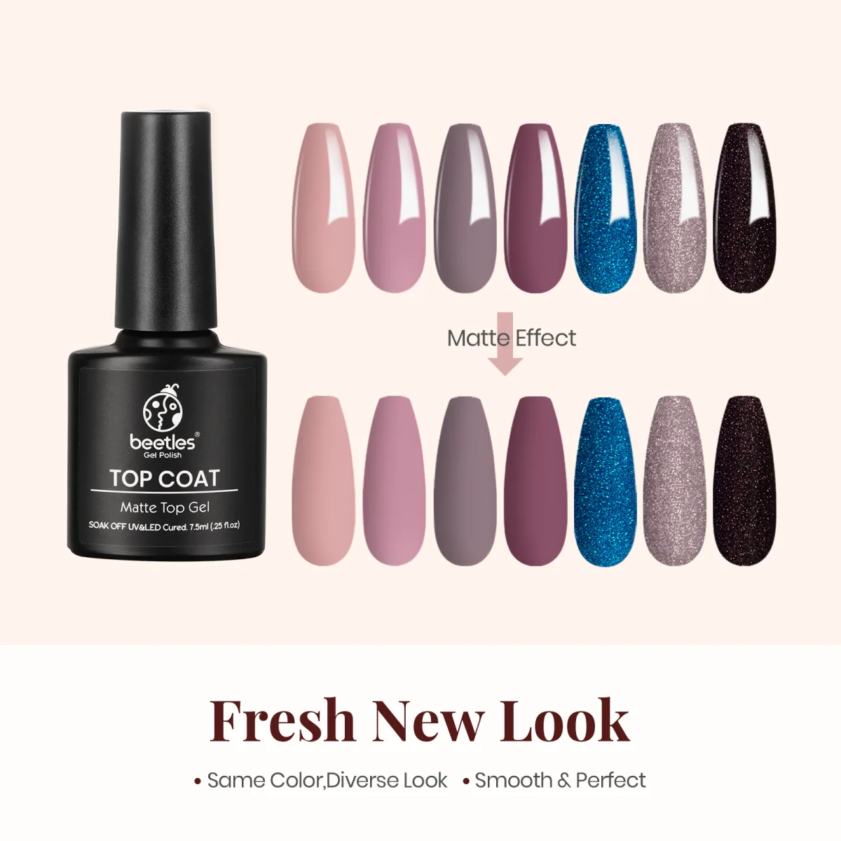 Beetles Matte Top Gel bottle with seven coffin swatch sticks showing glossy versus matte effect