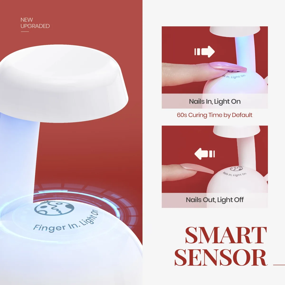 Beetles mini nail lamp smart sensor graphic showing nails in with light on and nails out with light off