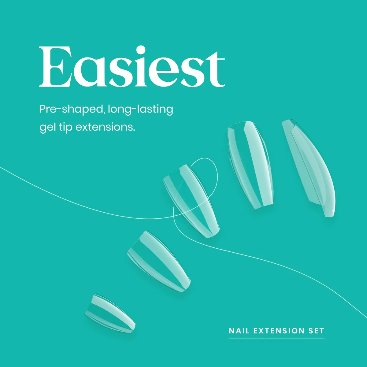 Clear pre-shaped gel nail tip extensions floating on a teal background