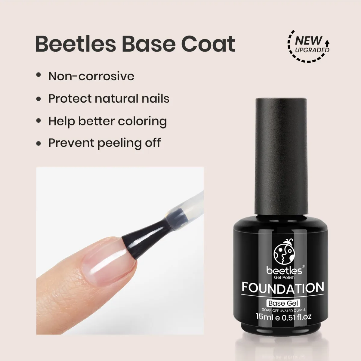 Beetles Foundation base gel bottle with brush applying clear gel on a natural nail
