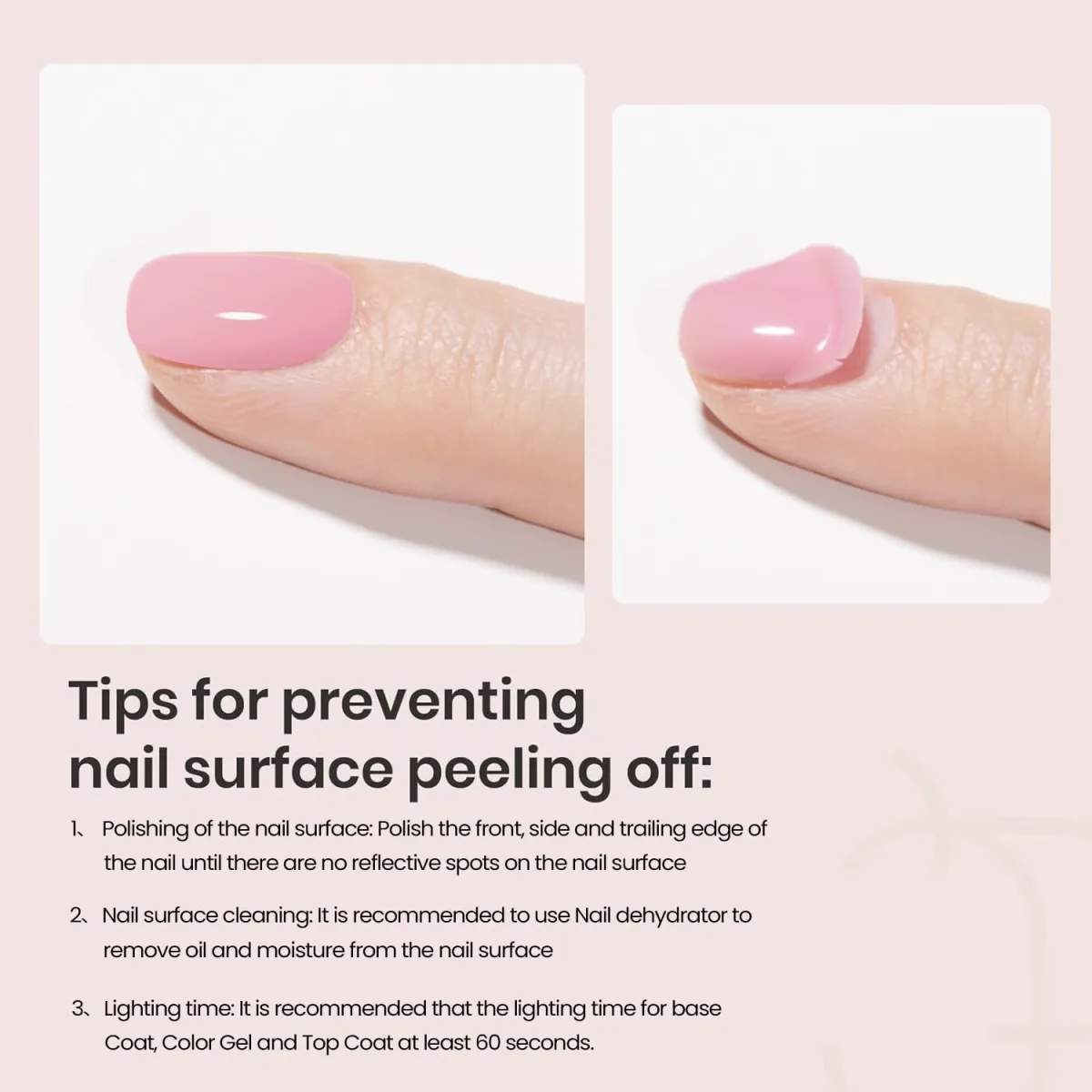 Close-up comparison of an intact pink nail and a peeling pink gel nail with anti-peel tips