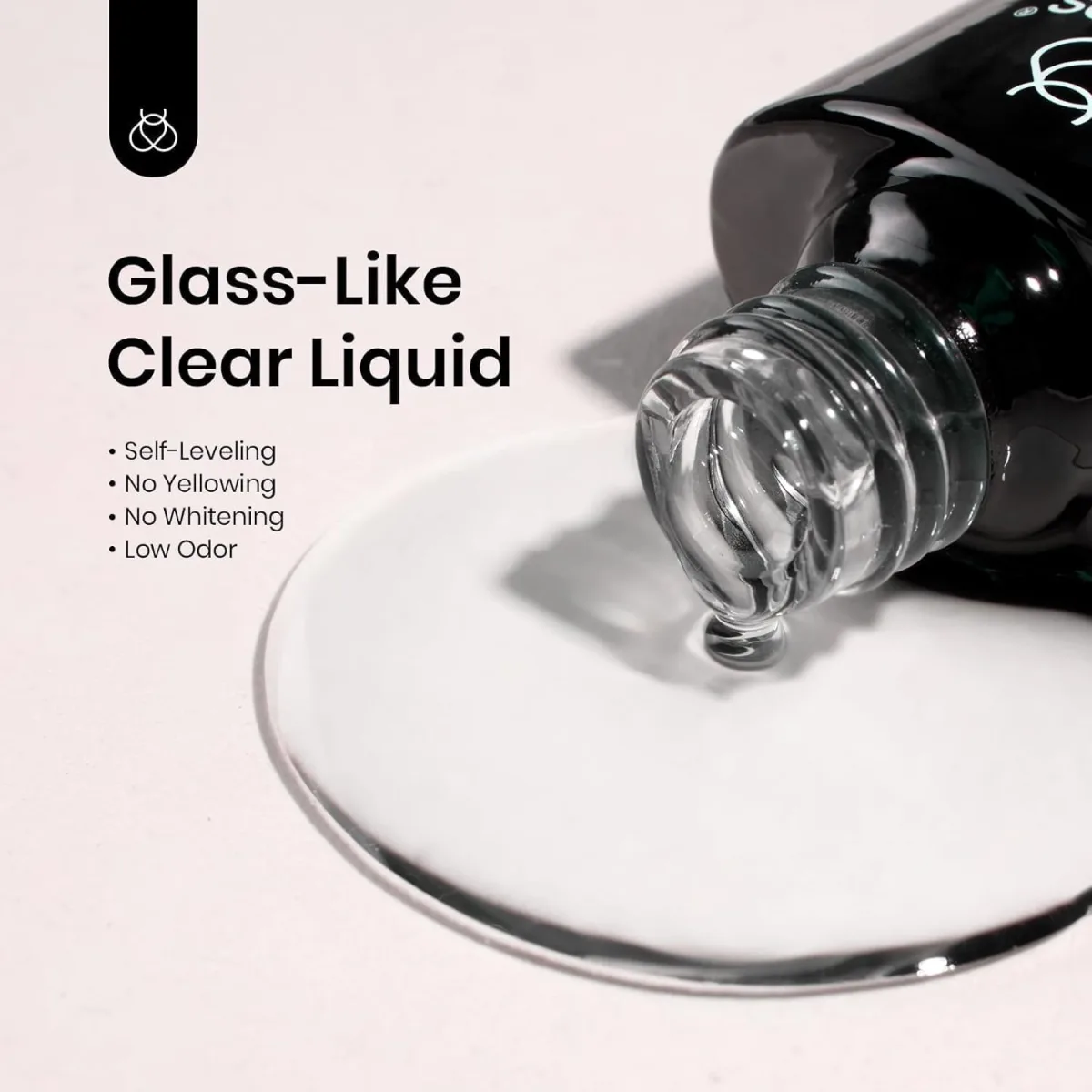 Close-up of clear gel dripping from a Beetles bottle with self-leveling claims printed