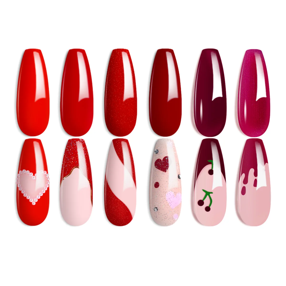 Twelve almond swatch tips in solid reds and red and nude nail art