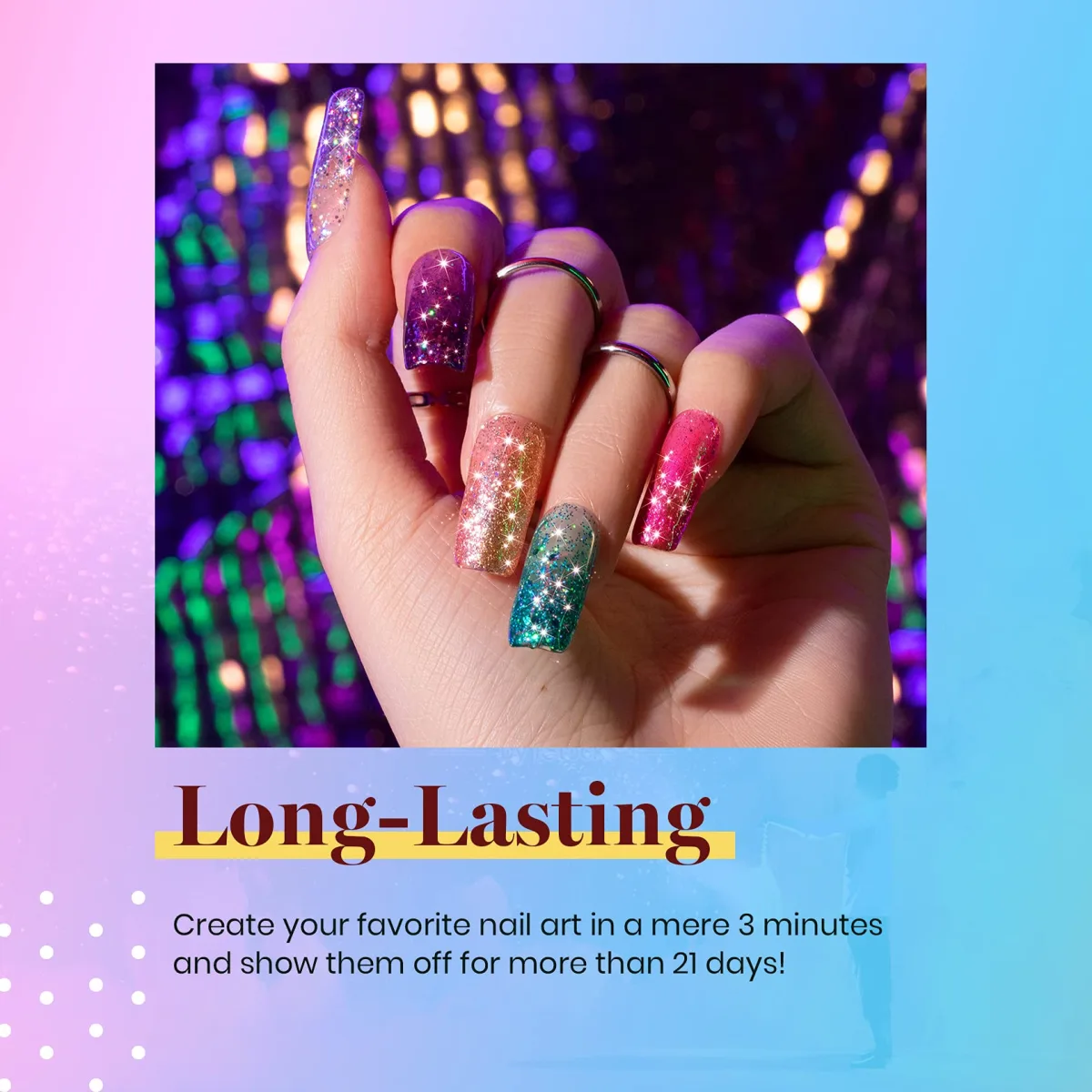 Hand with five long coffin nails in full glitter shades from silver to pink to teal