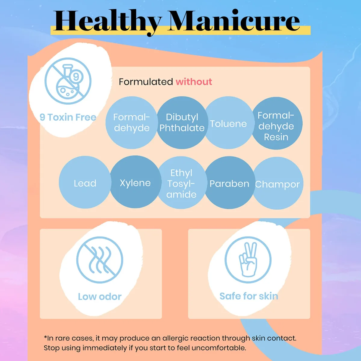 Healthy gel manicure infographic listing nine excluded ingredients, low odor and skin safe badges
