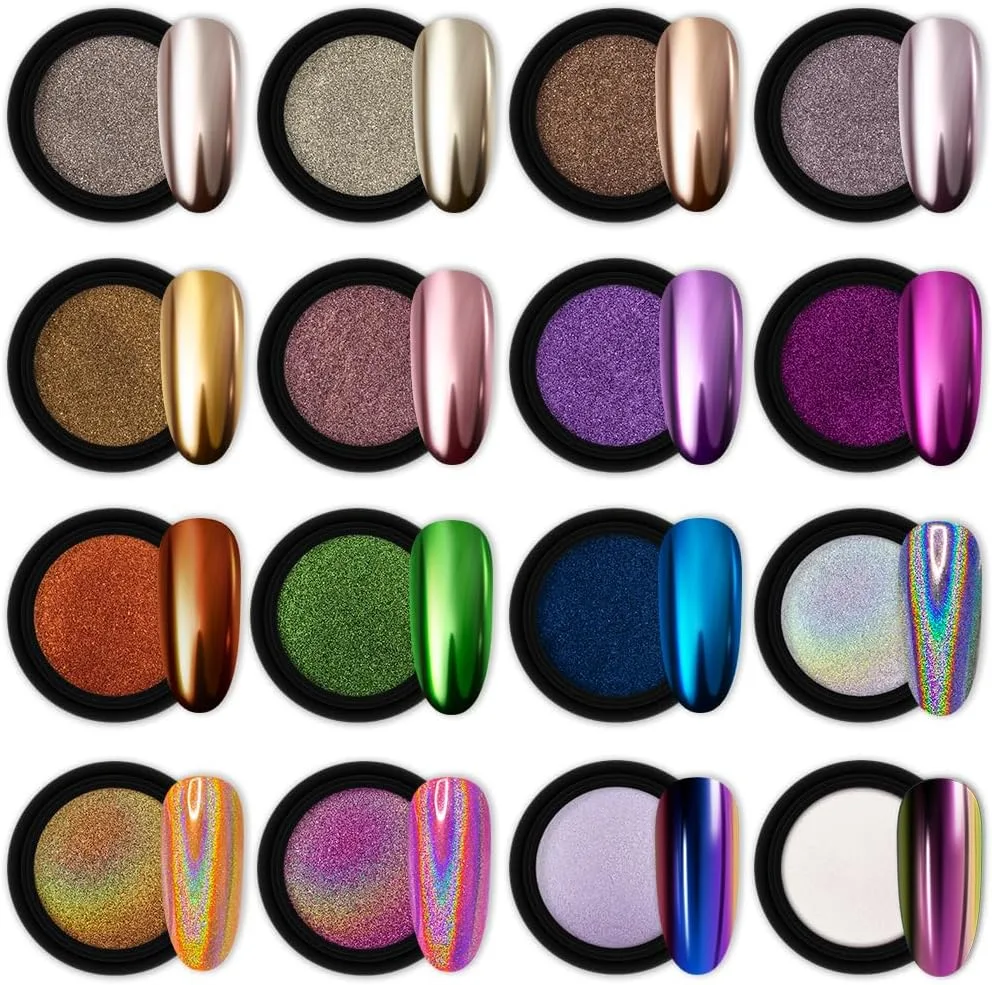 Sixteen chrome mirror nail powder pots with sample tips in metallic shades