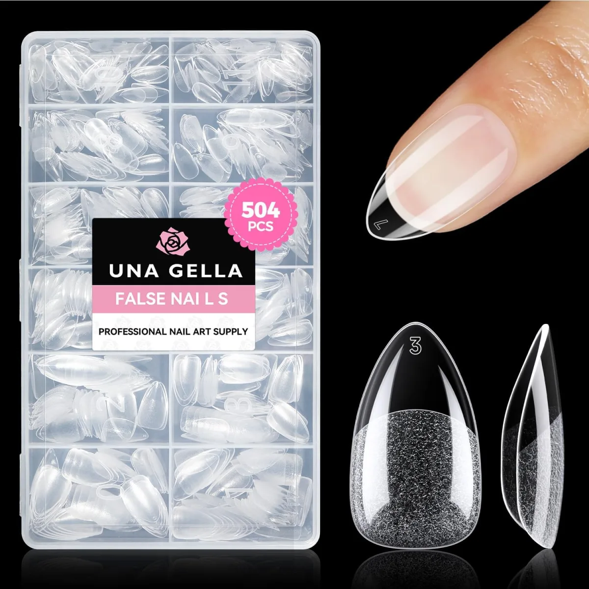UNA Gella box of 504 clear almond nail tips with one fingertip wearing a transparent glossy almond tip