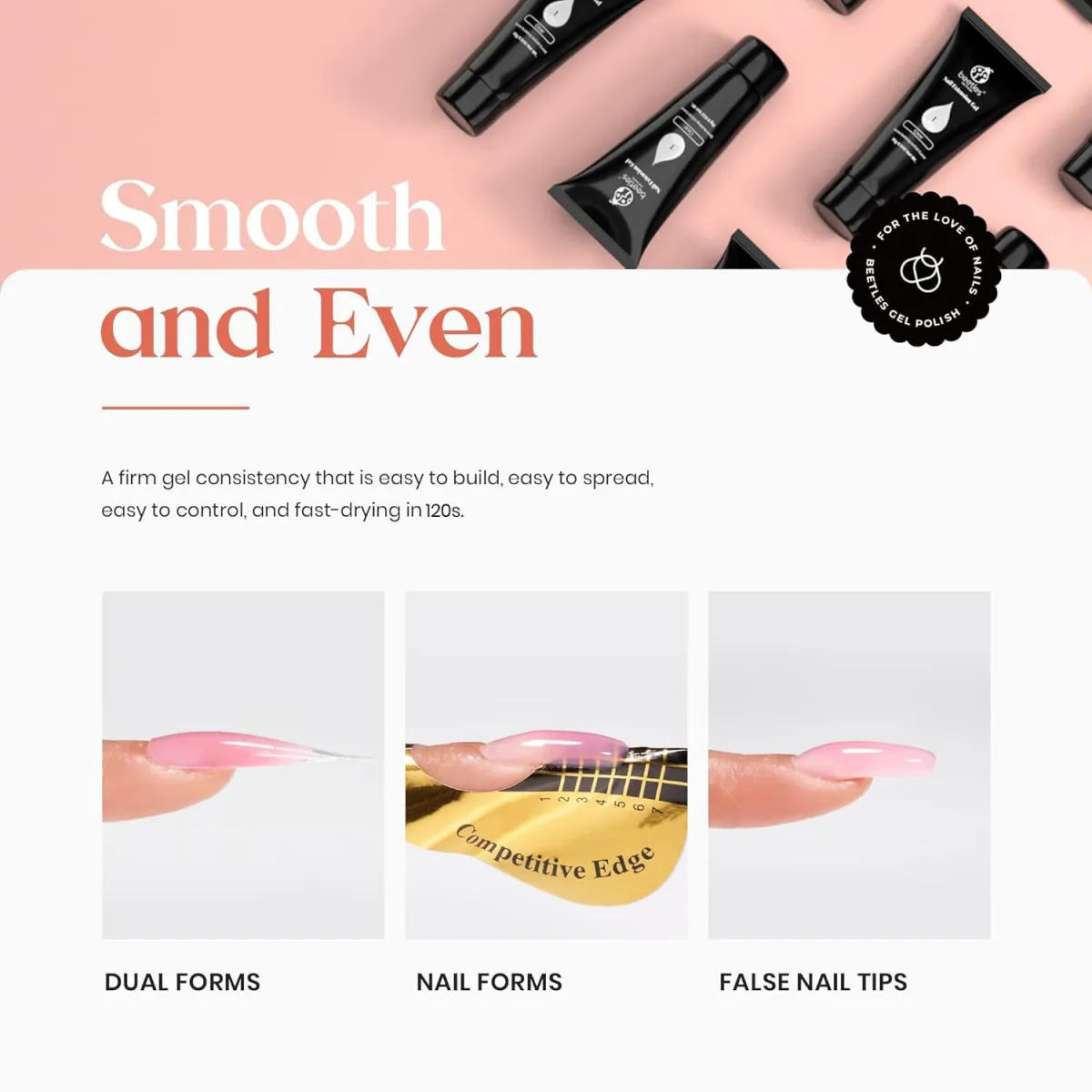 Beetles gel advertisement showing extensions built with dual forms, nail forms and false nail tips