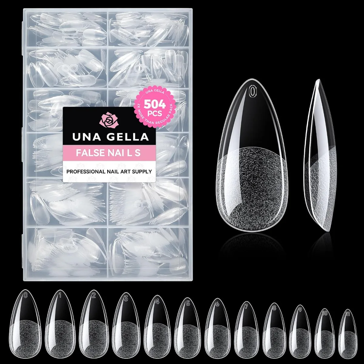 UNA GELLA clear almond stiletto nail tips box with frosted bases