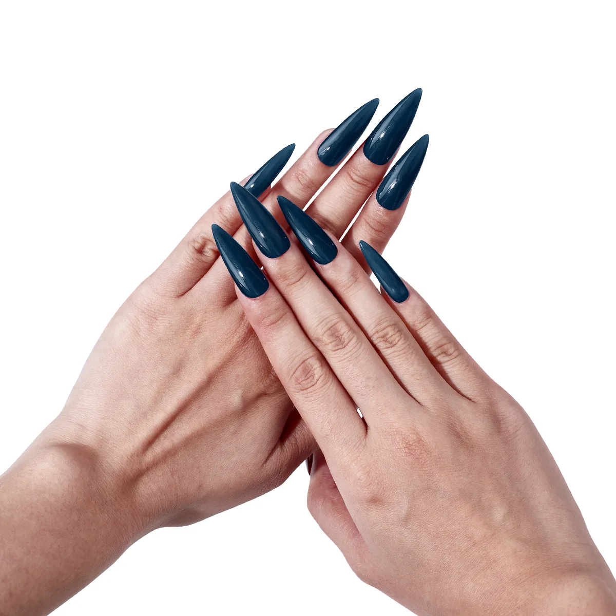 Very long stiletto nails in solid dark teal blue with a high gloss finish