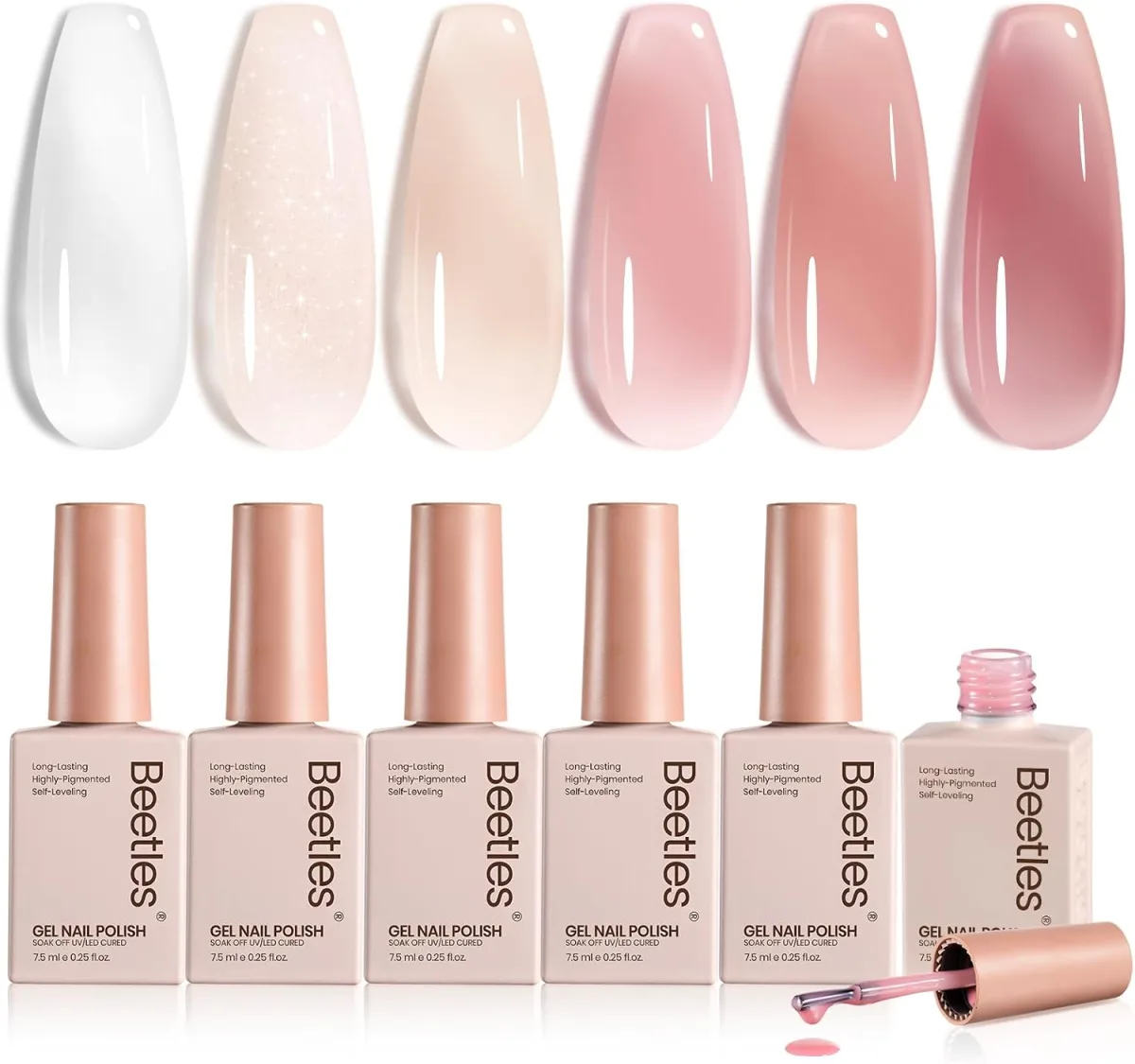 Six Beetles gel nail polish bottles with nude shade swatches from milky white to mauve pink