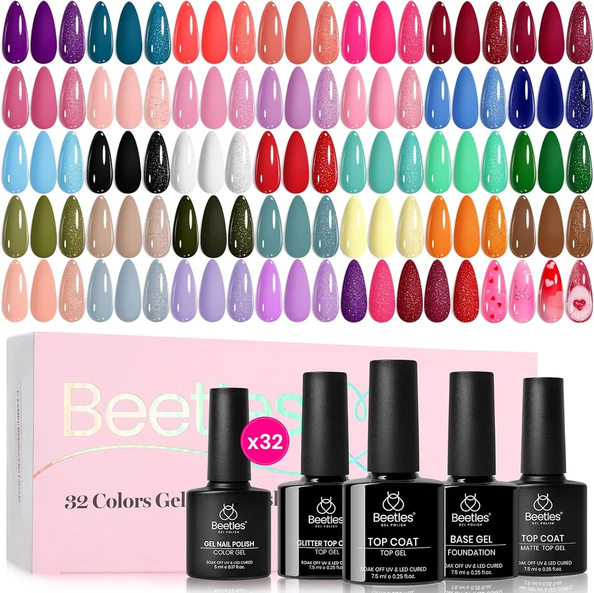 Beetles 32 colour gel kit box with black bottles and one hundred almond swatch tips