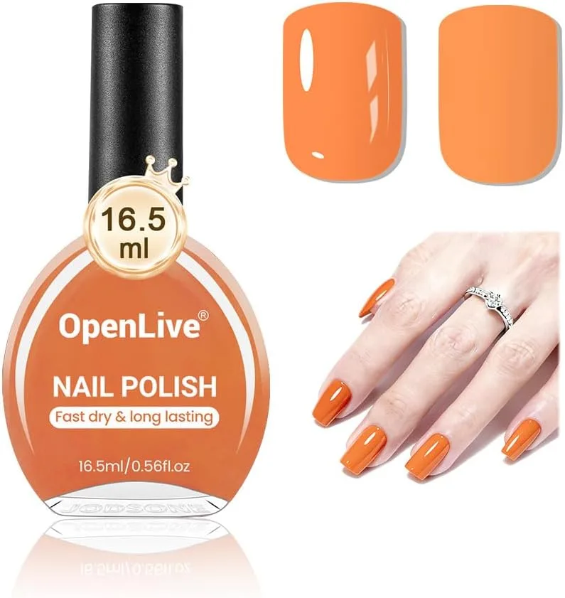 OpenLive bright pumpkin orange regular polish with square swatch tips and worn hand