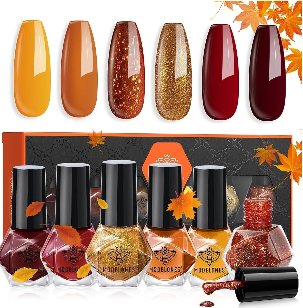Modelones 6 bottle fall gel set with mustard terracotta glitter and burgundy swatch tips