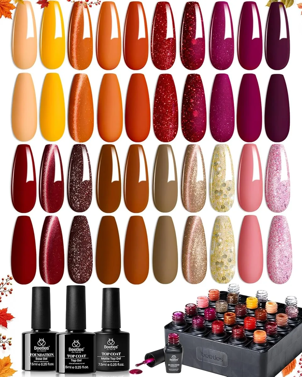 Beetles 36 colour fall gel set with 40 almond swatch tips and black bottles