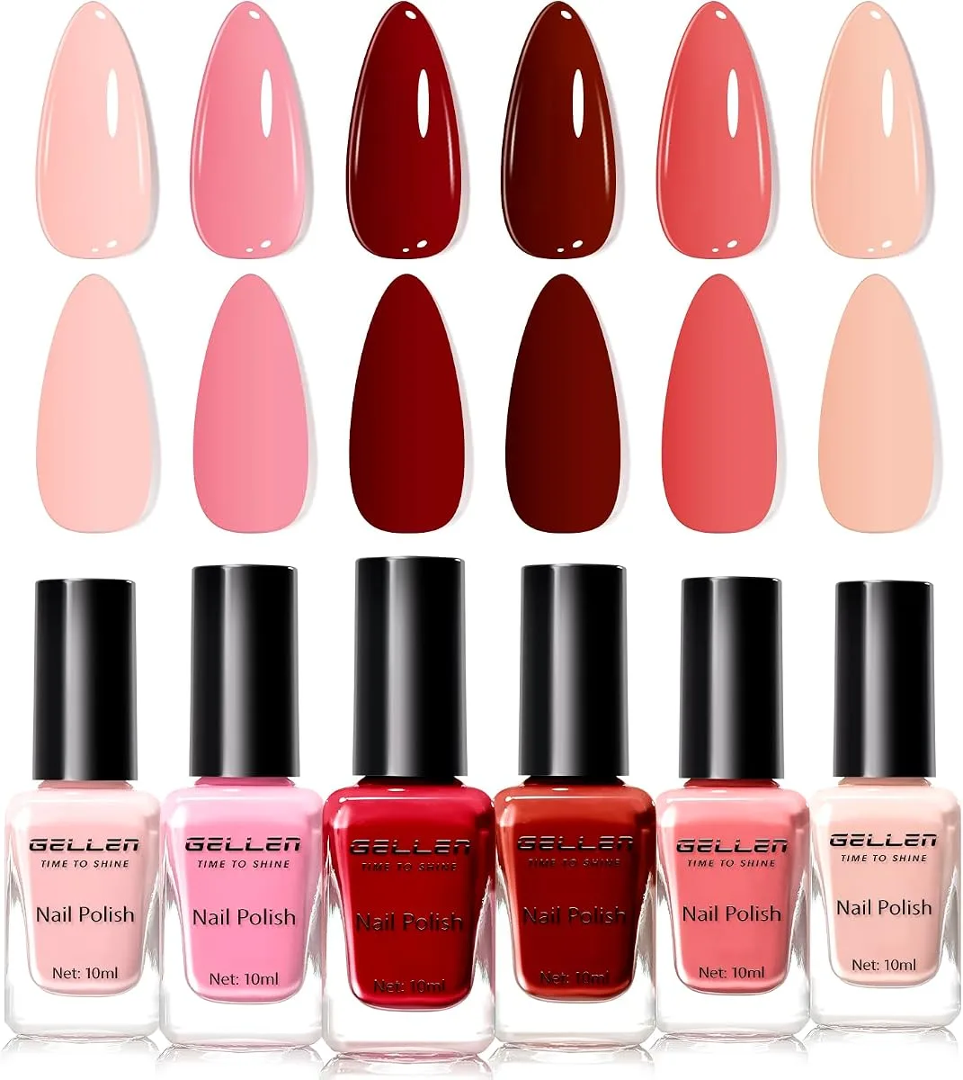Gellen Time to Shine six bottle polish set with pink, red and peach tips