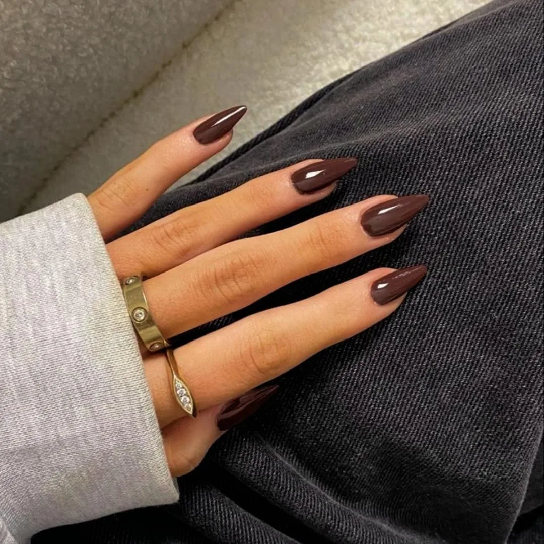 Hand with long stiletto nails in glossy solid dark chocolate brown