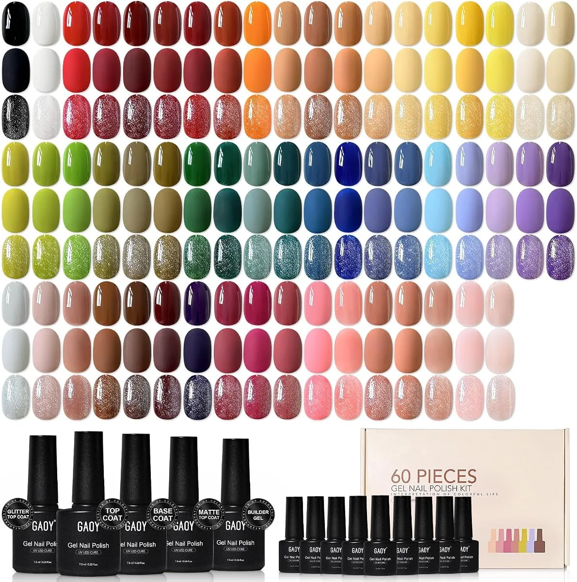 GAOY 60 piece gel polish kit with large colour tip chart and black bottles