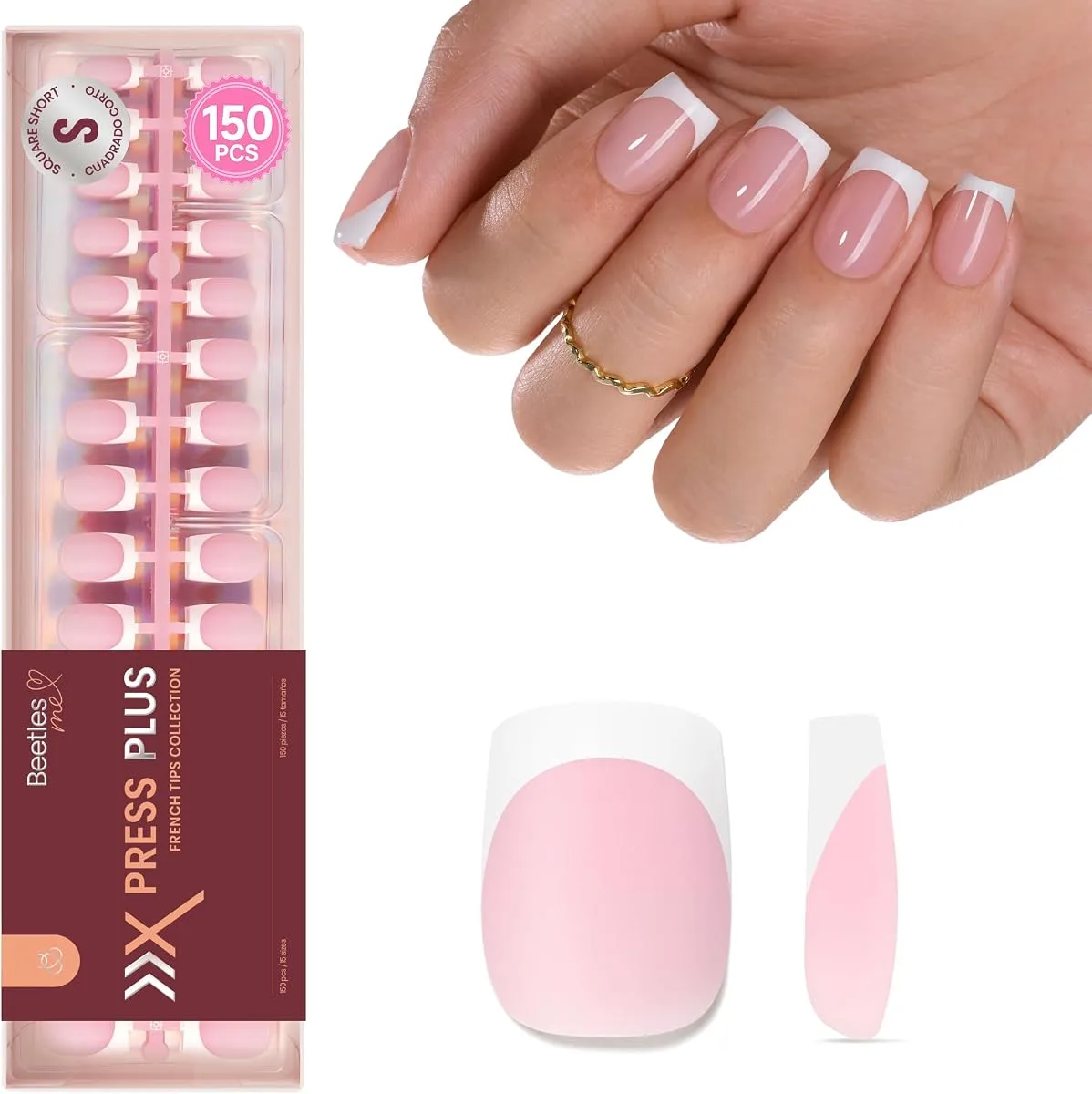 French tip press-on collection tray with pink and white short square tips plus a worn hand