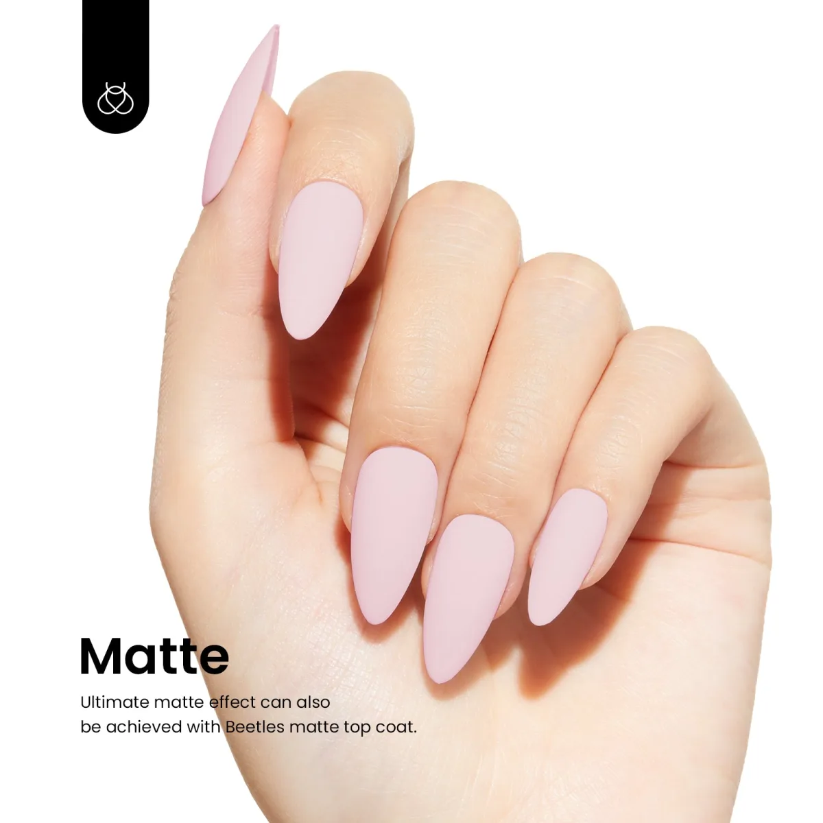 Hand with long matte light pink almond gel nails on white background
