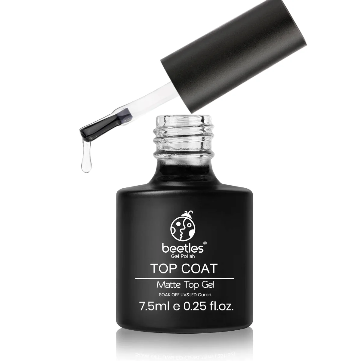 Open Beetles Matte Top Gel bottle with clear top coat dripping from the brush