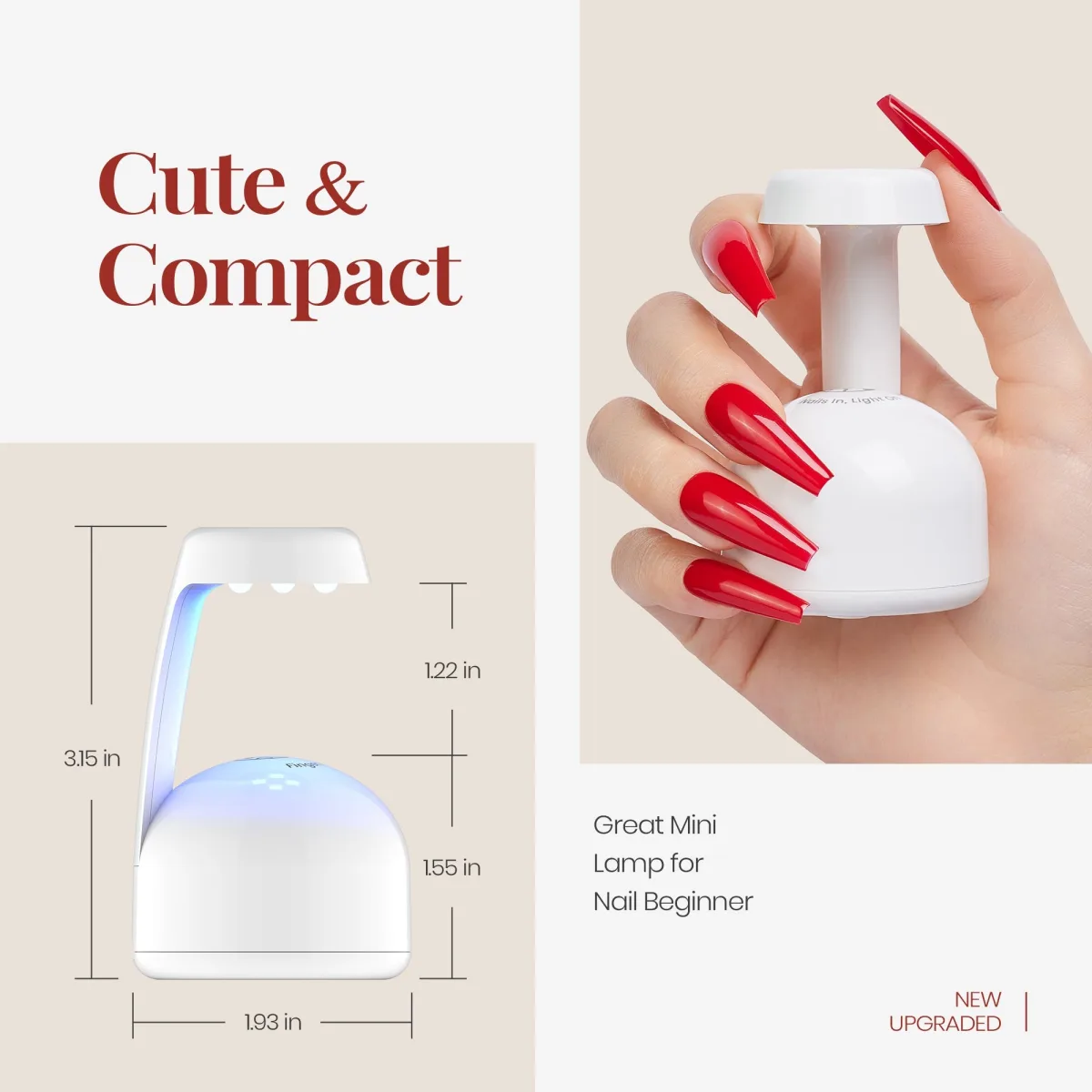 Hand with long red coffin nails holding the cute compact white mini UV nail lamp beside a dimension diagram