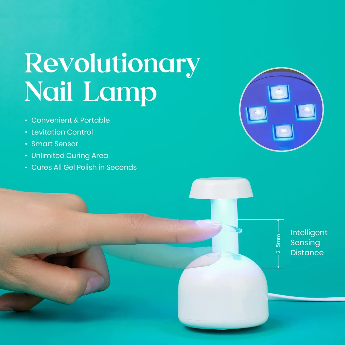 Portable mini UV LED nail lamp with smart sensor glowing under a clear coffin nail tip