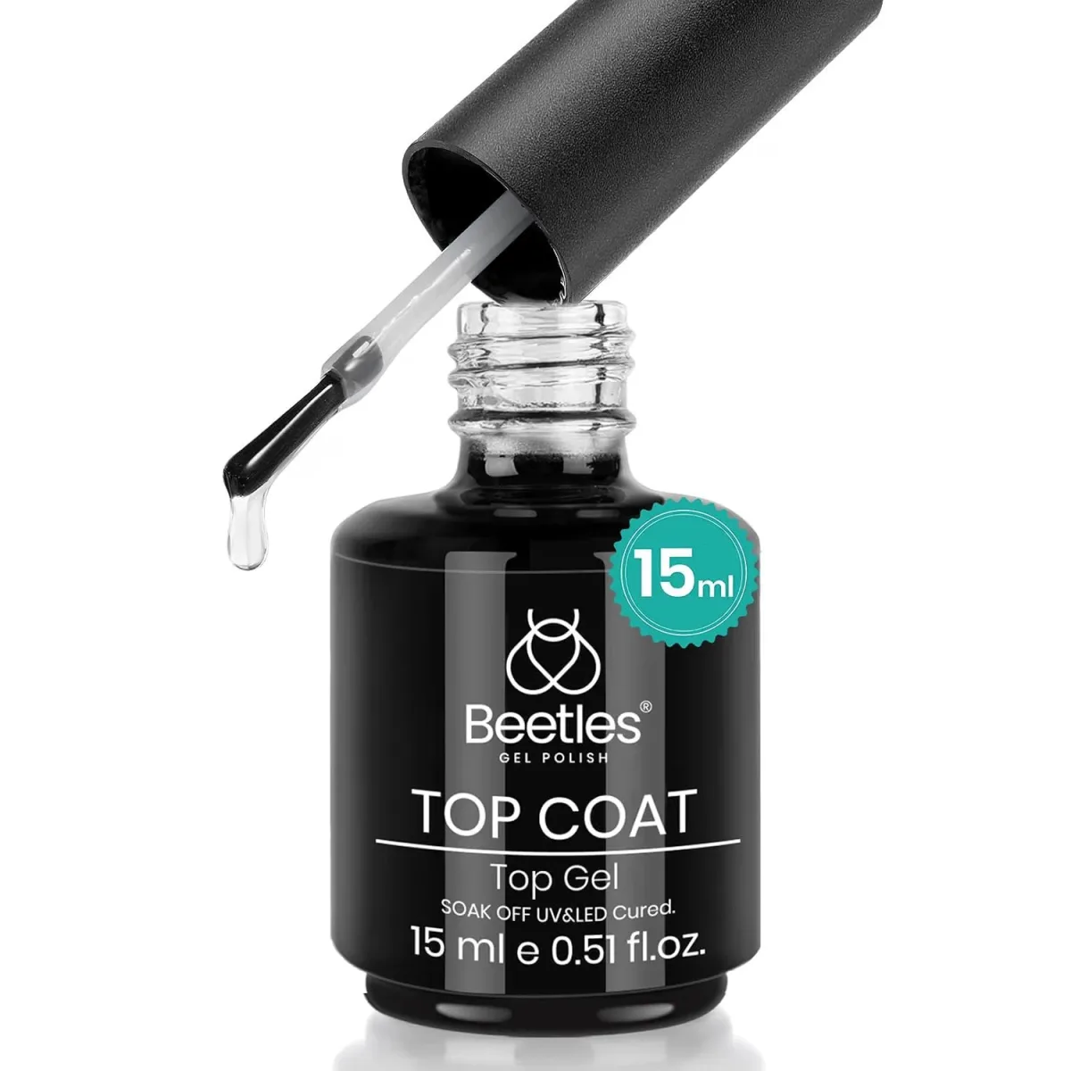 No-wipe top coat for gel extensions in an open Beetles bottle with brush dripping clear gel
